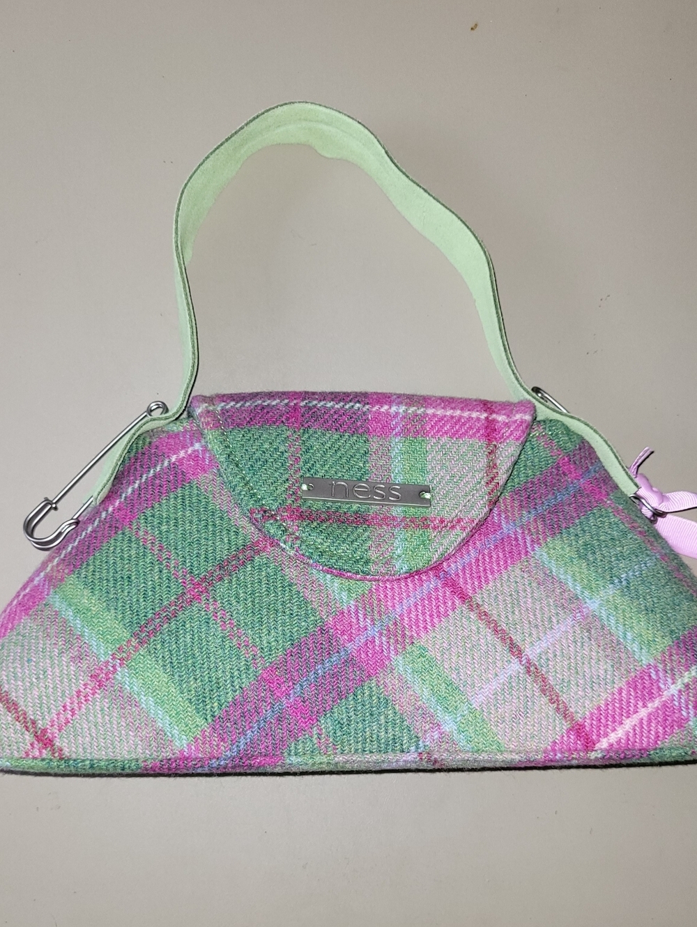 NWT - Ness Tyra Clutch. Green & Pink Plaid Design.
